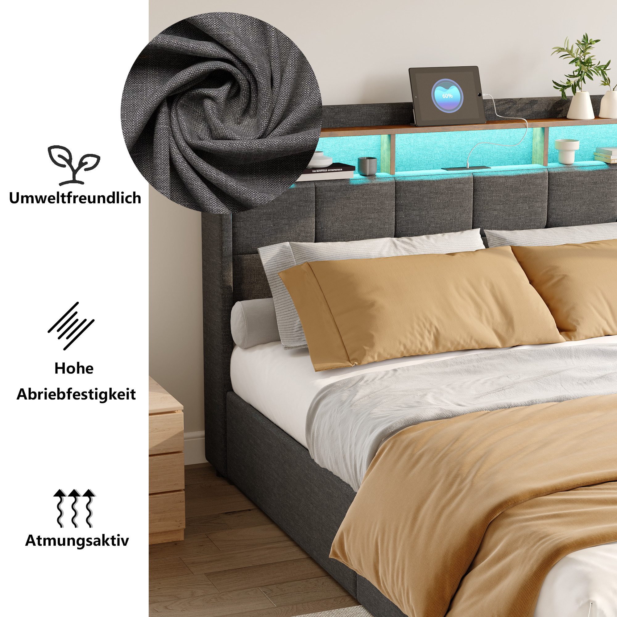 Polsterbett Doppelbett Stauraumbett Funktionbett-grau 1